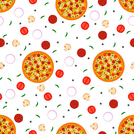 Trendy pizza pattern with flat drawn pizza. Seamless pattern for fabric, wallpapers, wrapping paper, plates cards and web backgrounds.のイラスト素材