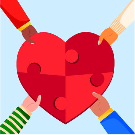 Community charitable work symbol flat illustration. hands holding heart puzzle on blue background.のイラスト素材