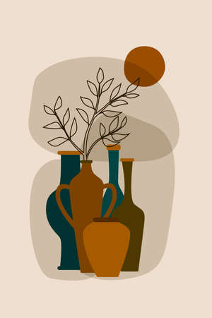 Boho Art, Abstract Vase and plant illustration, Terracotta Wall Print Poster. Vector. Green Brown color.のイラスト素材