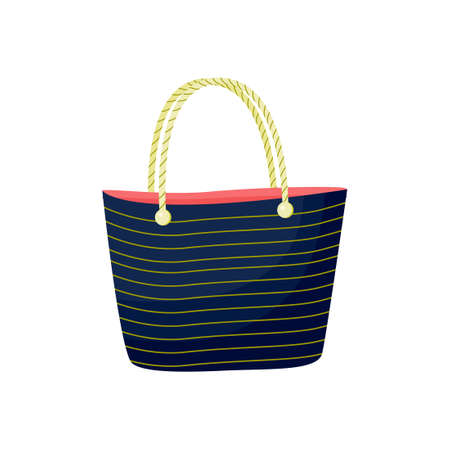 a navy navy-style beach bag with beige stripes and rope handles. summer or shopping clipart, icon. Vector illustration on a white background in the style of flat cartoon isolatedのイラスト素材