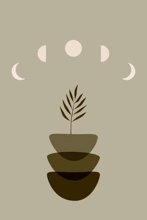 Shape Green Boho Leaf Plant Sun Minimalist Printed Wall Art Geometric Abstract Print Bohemian Art work, vector crescent, poster vintage illustration.のイラスト素材