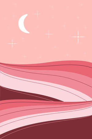 Nature banner mountains at night. Illustration of a night landscape with relief and a starry sky in delicate pink tones, smooth lines. Vector image abstract art, minimalist poster. Flat boho styleのイラスト素材
