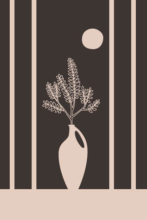 Vector abstract creative backgrounds in minimal trendy boho style elements of window, vase and flowers tropical leaf. Posterのイラスト素材