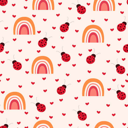 Cute seamless pattern with colorful rainbows, ladybugs and a flat Scandinavian doodle style. Vector illustration for a children s brand, fabric design, postcard, poster. Decoration of children room.のイラスト素材