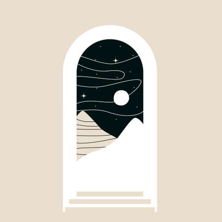 A mystical night window. Minimalist geometric wall art. Abstract landscape with mountains for aesthetic interior boho style. Wall print for home decor. Beige, dark colors. Modern vector for printingのイラスト素材