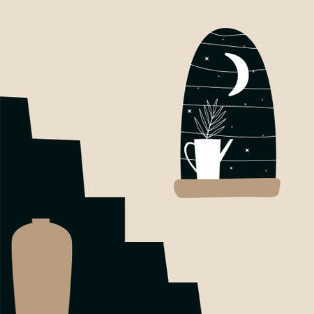 A mystical night window. Minimalist geometric wall art. Abstract landscape with mountains for aesthetic interior boho style. Wall print for home decor. Beige, dark colors. Modern vector for printingのイラスト素材