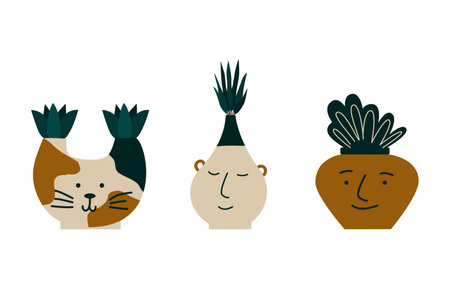 A set of vases and flower pots in the form of people s faces and a cat with flowers, plants and tropical leaves. Vector illustration isolated on a white background in a flat styleのイラスト素材