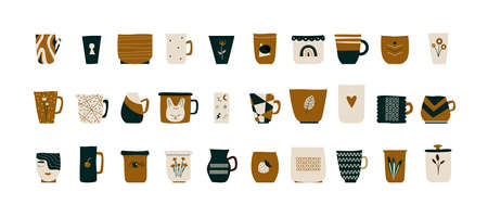 Fashionable ceramic cups. Scandinavian-style tea, coffee mugs. Side view modern floral geometric patterns. Colorful set made of porcelain. Illustration mug drinks. Vector isolated on white backgroundのイラスト素材