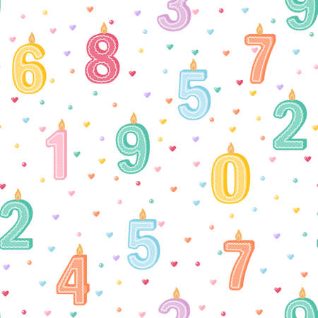 Celebratory seamless pattern with confetti hearts and beads and candles. Vector illustration on a white background for decorating birthdays, wrapping paperのイラスト素材