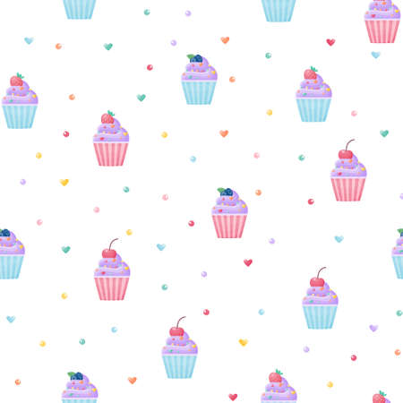 Seamless pattern with cute cupcakes with strawberries , strawberries, blueberries and cherries on a white background. Vector illustration for wrapping paper, decoration of holidays and birthdays.のイラスト素材