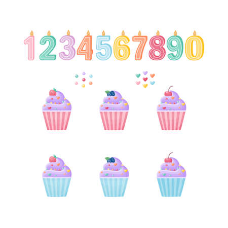 A cute set for designing cupcakes with candles, numbers and decor and blueberries, cherries and strawberries. Vector set of elements on a white backgroundのイラスト素材