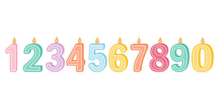 illustration of burning candles of birthday numbers on a white background. Cute candles, for postcards, and festive decor. Vector illustration in a flat cartoon style.のイラスト素材