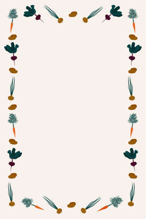 Rectangular frame of vegetables. Vector illustration isolated on beige background. For the design and decoration of markets, fairs, restaurant menus and cafes. Beets, carrots, onions, potatoesのイラスト素材
