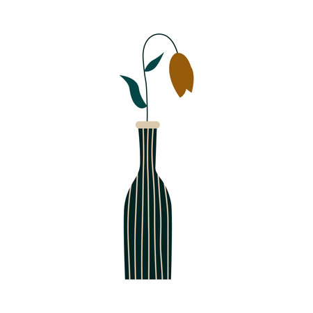 Flower in a vase vector flat illustration in cartoon style. A beautiful composition of blooming flowers with leaves and stem isolated on a white background. Flowering plants and herbsのイラスト素材