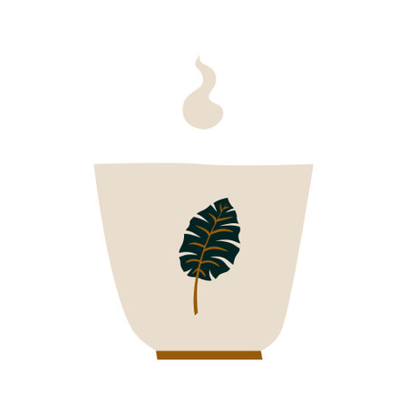 CCeramic mug with the image of a leaf with a hot drink. A porcelain cup with tea or coffee with smoke or steam. Vector illustration in a flat cartoon hand-drawn style. Isolated on a white background.のイラスト素材