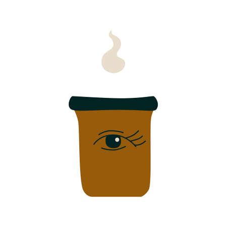 Ceramic mug with the image of a charry with a hot drink. A porcelain cup with tea or coffee with smoke or steam. Vector illustration in a flat cartoon hand-drawn style. Isolated on a white background.のイラスト素材