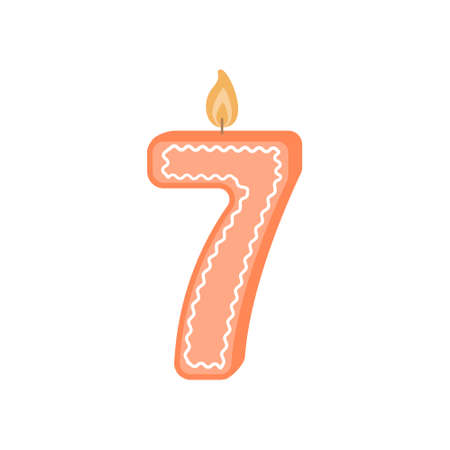 Illustration of a birthday candle number. Candle with number 7. Orange candle on the seventh birthday. Vector illustration on a white background isolated in a flat cartoon style.のイラスト素材