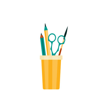 Pen and pencil, scissors and a brush for drawing in basket for holder, a box for an office organizer, plastic yellow stationery vase. vector illustration in flat stele isolated on a white background.のイラスト素材