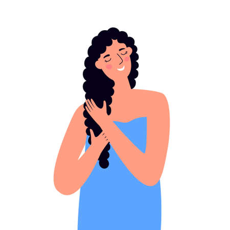 A young girl is styling her wet curly hair. The concept of the curly girl method CGM. The stage of the curly hair care process. Love of wavy hair.Vector illustration isolated on a white background.のイラスト素材