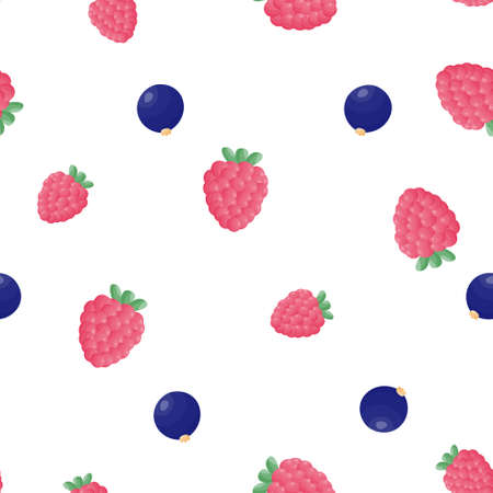 Seamless vector pattern with the image of raspberries and black currants on a white background. Print for factories, textiles, mugs, packaging paper. Forest plantsのイラスト素材