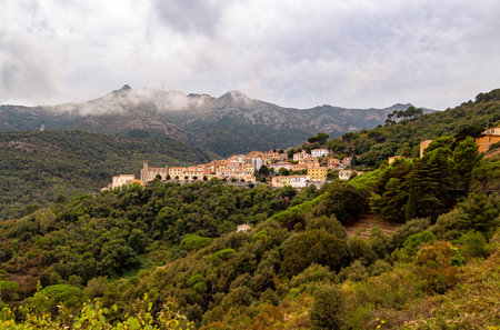 Little mountain village Marciana Alta near cable way to Monte Capanne, Island of Elba, Italy.の写真素材