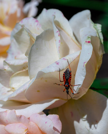 Rhynocoris iracundus on peach rose blossom and bud in summer gardenの写真素材