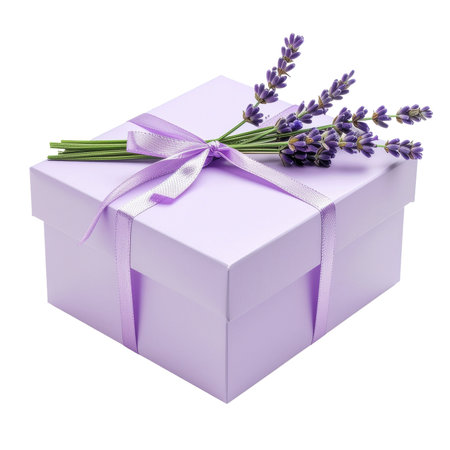 Gift box with lavender bouquet isolated on white background cutoutの素材