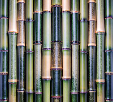 Vertical arrangement of fresh green bamboo stalks, showcasing smooth surfaces, distinct nodes, and subtle color variations from light green to golden yellow.の素材