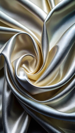 Detailed view of silk fabric showcasing a smooth ivory surface, natural lustrous fibers, and soft folds. The image highlights the elegant texture and reflective qualityの素材