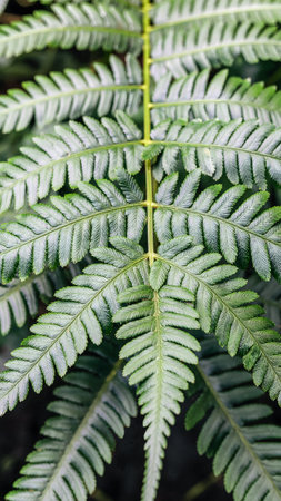 Detailed view of a fern leaf showcasing natural vein patterns and vibrant green color. The image highlights the delicate structure and symmetrical leaflets.の素材