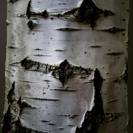 Detailed macro view of birch tree bark, showcasing its distinctive white surface with natural black markings, horizontal lenticels, and peeling outer layers.の素材