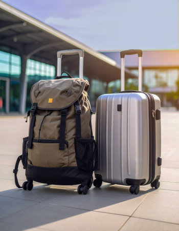 Travel backpack and silver suitcase are placed side by side at a contemporary airport terminal, highlighting travel essentials and modern designの素材