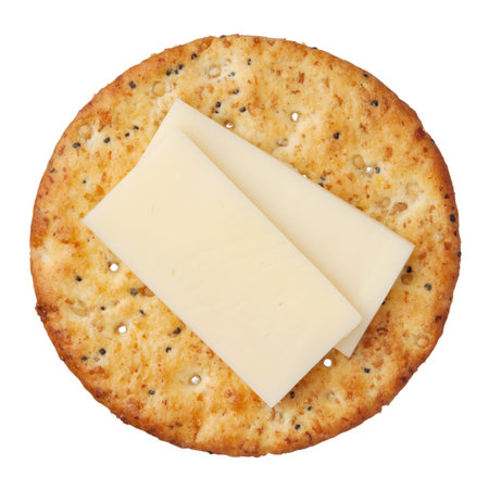 Whole wheat cracker and cheese, isolated on white background, close-up.