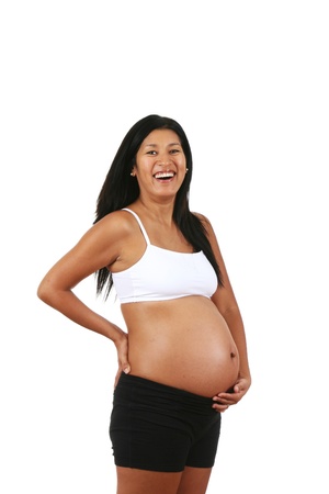 Pregnant Peruvian woman, posing, isolated on white backgroundの写真素材