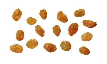 Dried golden raisins isolated on white background, close upの写真素材
