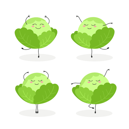 Vector set of funny cartoon cabbages dancing ballet isolated on white backgroundのイラスト素材