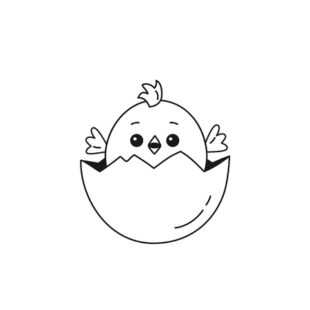 Outline of cheerful chicken baby peeking out of cracked egg. Vector illustration isolated on white backgroundのイラスト素材