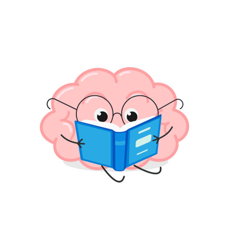 Cute cartoon brain in glasses reading bookのイラスト素材