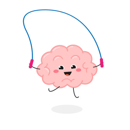Cute cartoon brain character playing jumping ropeのイラスト素材