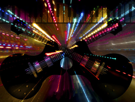 black beautiful electric guitars on a sparkling background の写真素材