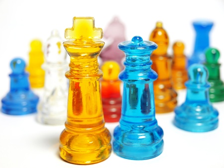 Colorful chess made of glass isolated on white backgroundの写真素材