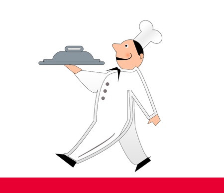Cartoon chef holding covered tray of food の写真素材