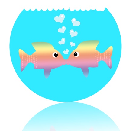 gold fish in love in a fishbowlの写真素材