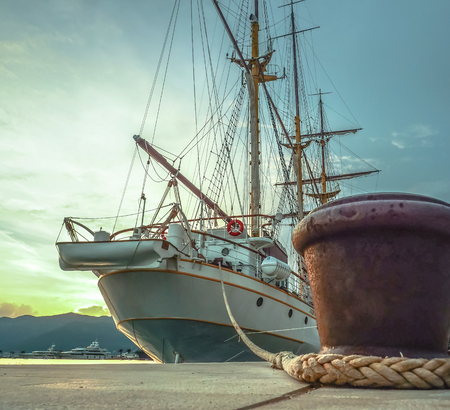 silhouette of the ship in sunsetの写真素材