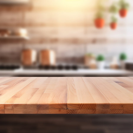 Empty wooden table and blurred kitchen interior background, product display montageの素材