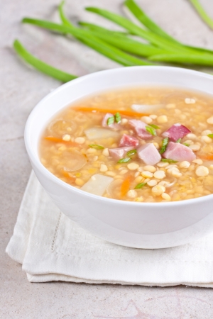 pea soup with smoked foodの写真素材