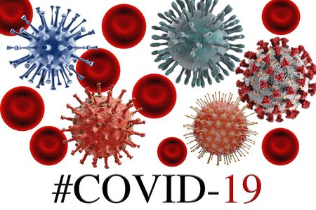 Viruses on white background featuring COVID-19 red blood cells and other viruses with #Covid-19 text.の写真素材