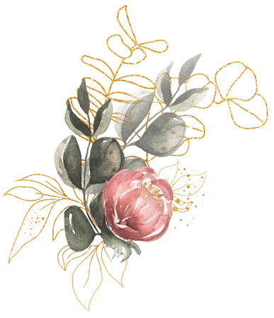 Greenery, golden floral and red peony bouquet illustration, Watercolor Eucalyptus clip art, Gray Foliage clip art, Green leaves, Floral wedding invites designの写真素材