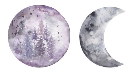 Forest Moon Illustration set, Watercolor Winter Crescent clip art, Celestial clip art, Galaxy poster, Wedding Invites designの写真素材