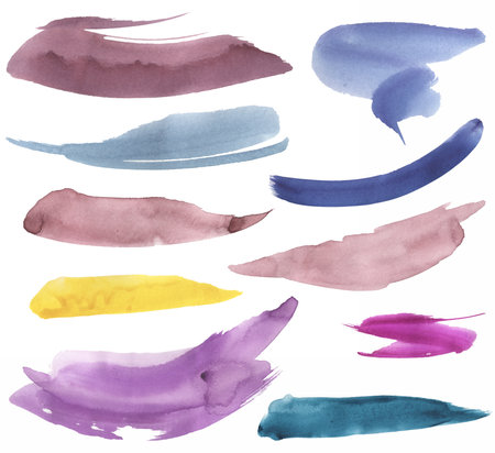 Watercolor hand drawn Backgrounds Clipart, Brush strokes textured illustration set, violet spots, pink Splashes Clip art, blue Drops, Design elements, Paint splattersの写真素材